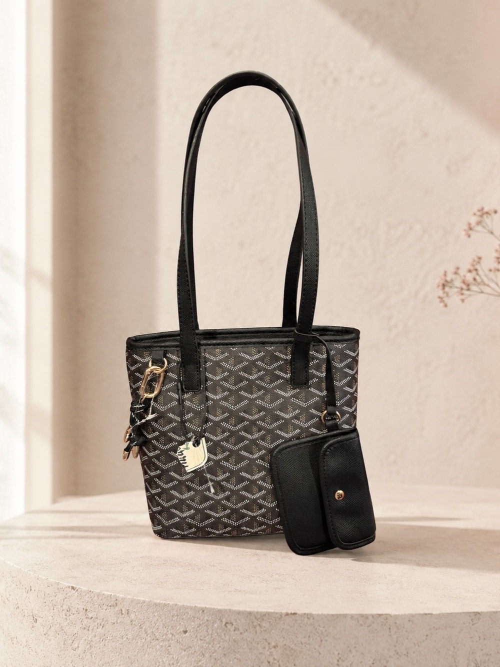 Black Patterned Tote Bag with Wallet Pouch